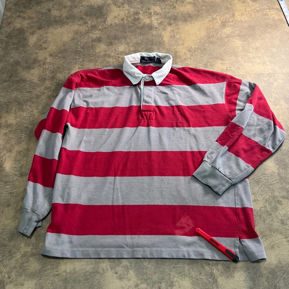 Steeplechase Rugby Polo Shirt Mens XL Red Grey Striped Long Sleeve Cotton VTG